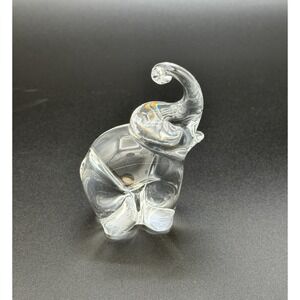 Clear Art Glass Elephant Figurine Studio Glass Marked Base Sculpture Trunk Up